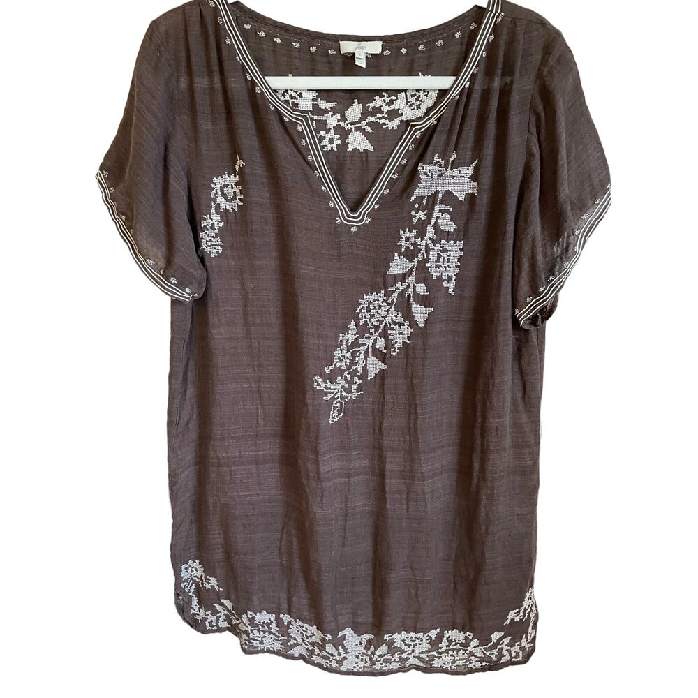 Joie 100% Silk Embroidered Tunic Top V-neck Brown Sz S Boho Peasant Cottage